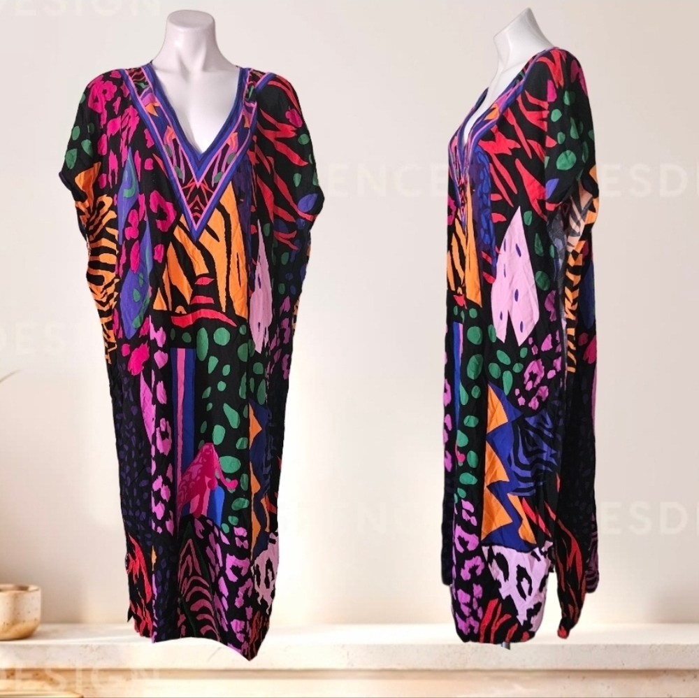 Vibrant Multicolor Kaftan Dress One Size - Picture 3 of 5